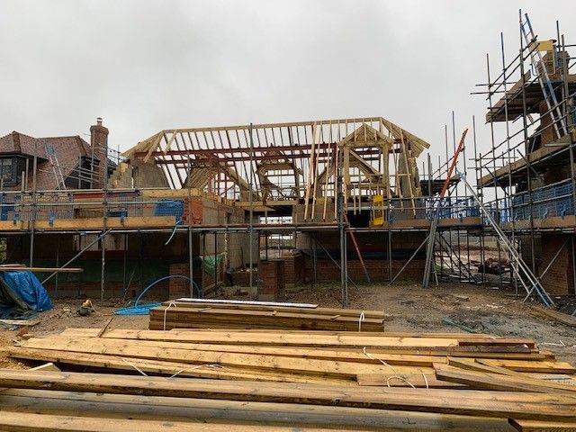 Roof frame going up at Challock Kent new build
