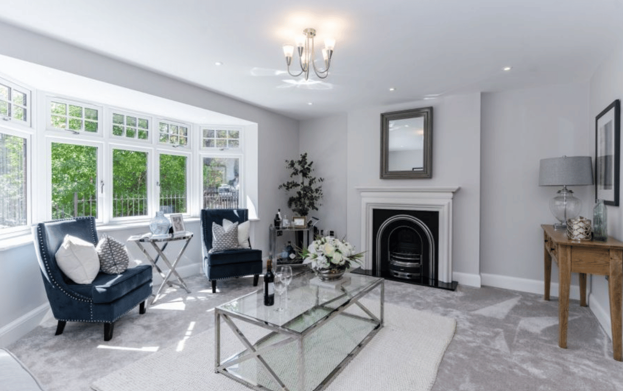 completed living room - grey modern decor in new build haslemere Surrey