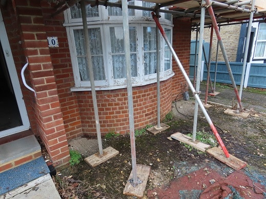 Scaffolding around the front window at the Hertfordshire bungalow conversion project