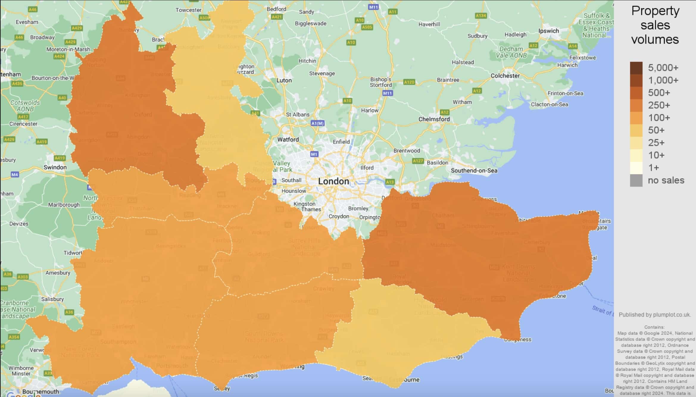 property sales volume by location in south east england